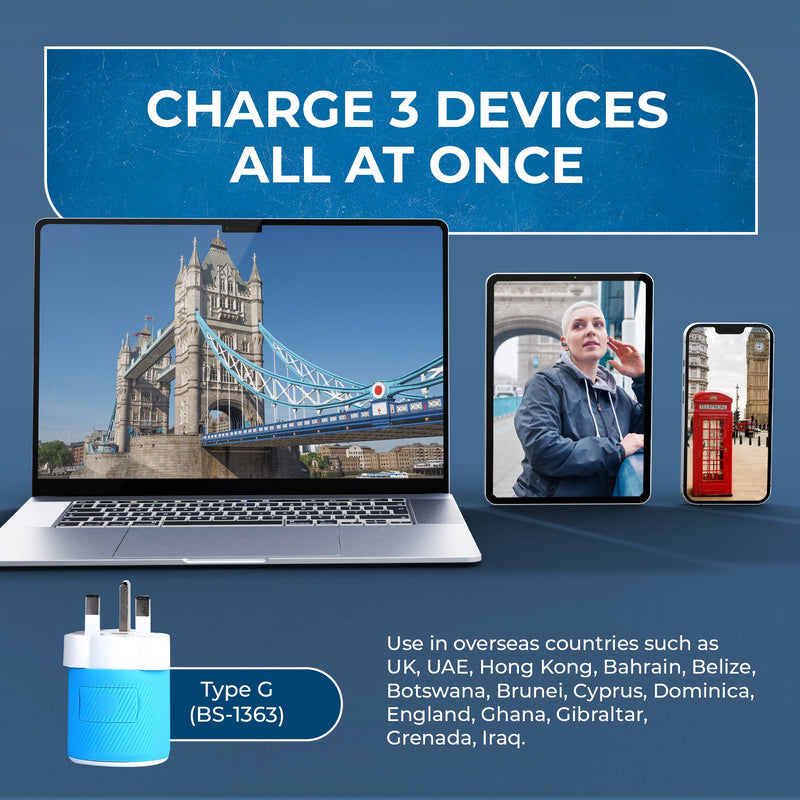 Adaptador de viaje para Reino Unido e Irlanda - 3 en 1 - 2 USB - Tipo G - Diseño compacto (U2U-7)