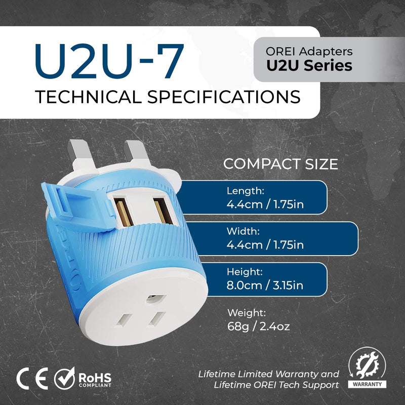 Adaptador de viaje para Reino Unido e Irlanda - 3 en 1 - 2 USB - Tipo G - Diseño compacto (U2U-7)