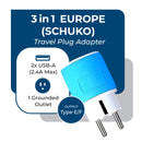 Adaptador de viaje para Europa y Francia - 3 en 1 - 2 USB - Tipo E/F - Diseño compacto (U2U-9)