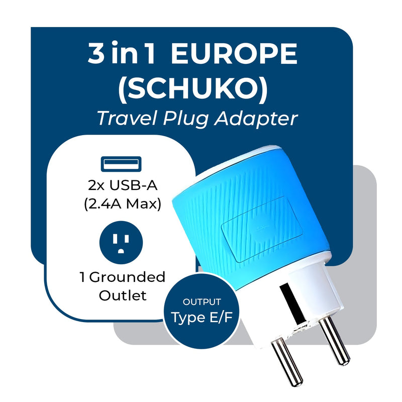 Adaptador de viaje para Europa y Alemania - 3 en 1 - 2 USB - Tipo C - Diseño compacto (U2U-9C)