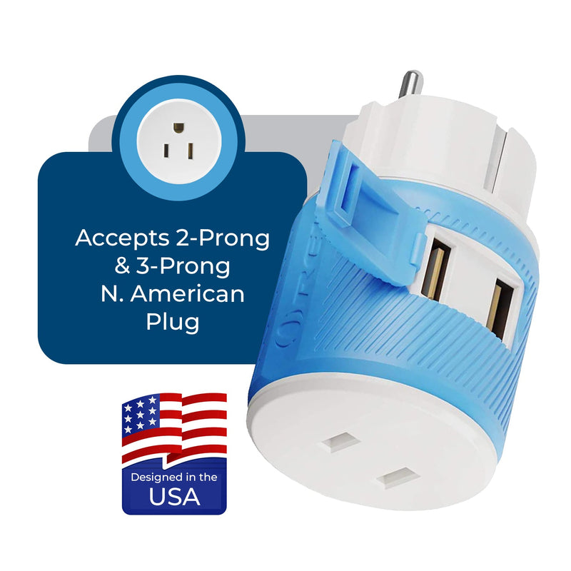 Adaptador de viaje para Europa y Alemania - 3 en 1 - 2 USB - Tipo C - Diseño compacto (U2U-9C)
