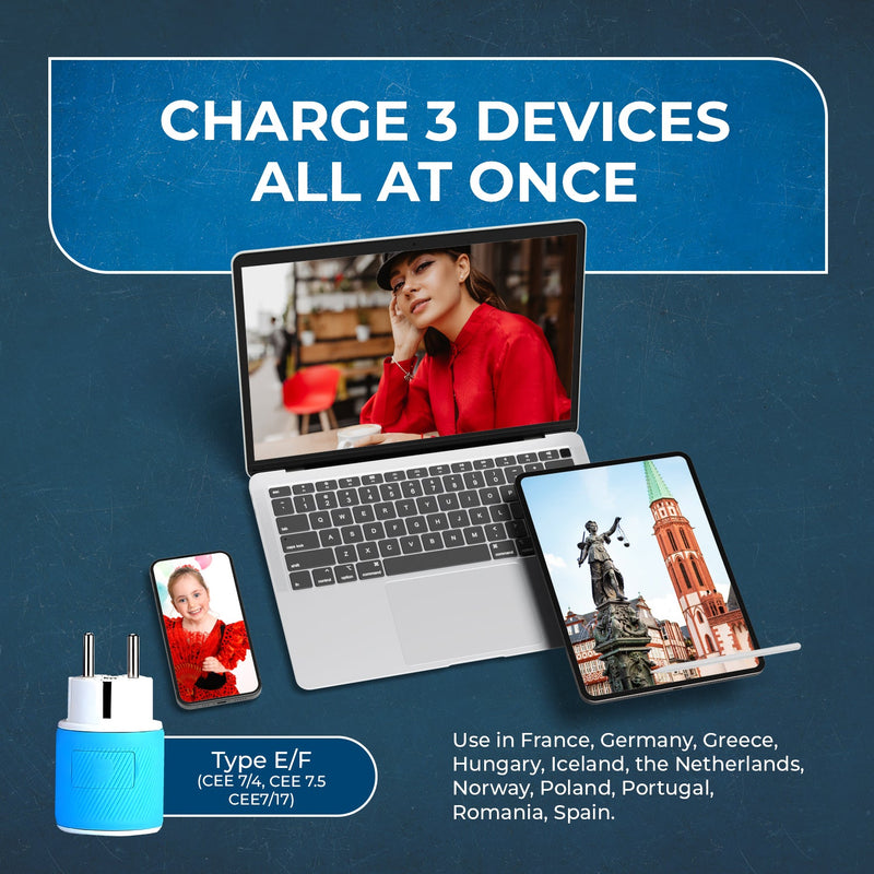 Adaptador de viaje para Europa y Alemania - 3 en 1 - 2 USB - Tipo C - Diseño compacto (U2U-9C)