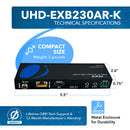 Extensor HDMI 4K UHD con HDBaseT sobre CAT5e/6/7. Admite control ARC e IR bidireccional hasta 70 m (UHD-EXB230AR-K).