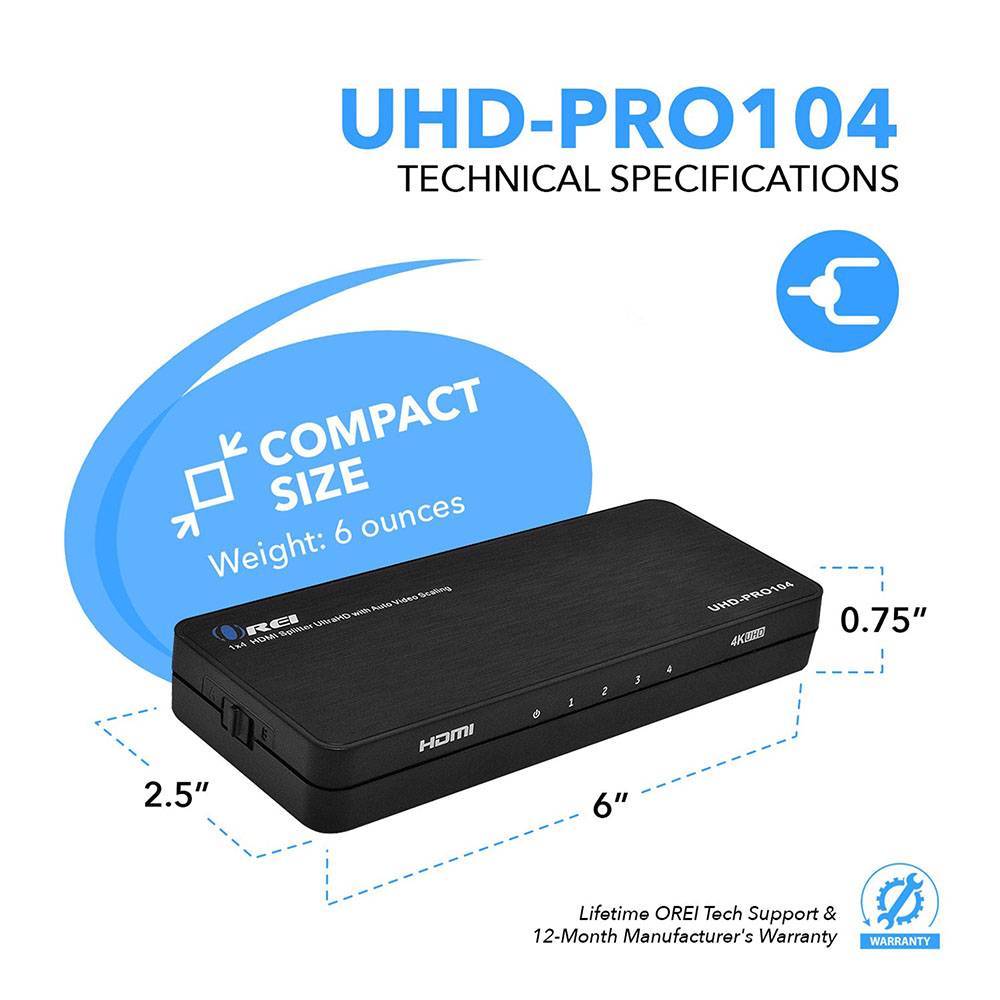 1x4 HDMI Splitter: 1-in 4-out, UltraHD 4K, Auto-Downscale, EDID (UHD-P