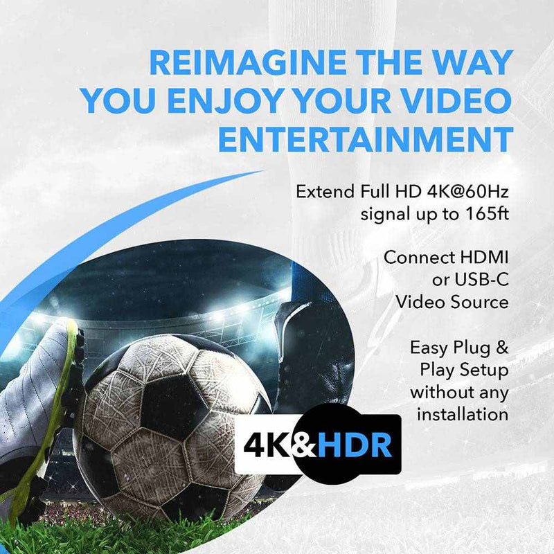 4K HDMI/USB-C Extender Over Single CAT6/7 with 4K@60Hz Wall Plate Transmitter, HDR & IR Control Upto 165ft (UHD-WPE165-K)