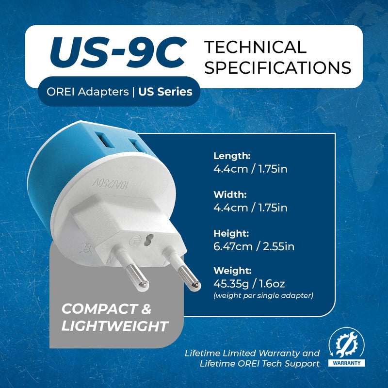 Adaptador de viaje europeo - 2 en 1 - Tipo C - Diseño compacto (US-9C)