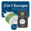 Adaptador de viaje europeo - 2 en 1 - Tipo C - Diseño compacto (US-9C)