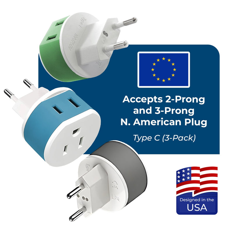 Adaptador de viaje europeo - 2 en 1 - Tipo C - Diseño compacto (US-9C)