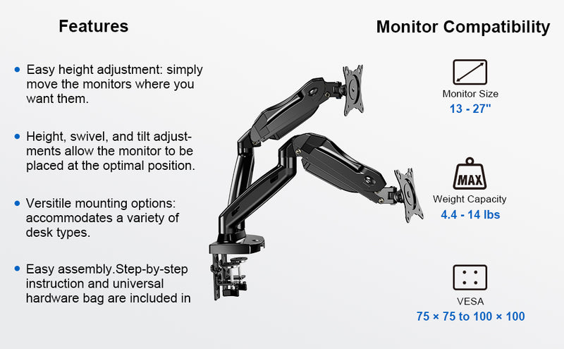 ErgoAV-Gas spring monitor mount for dual monitors up to 27"