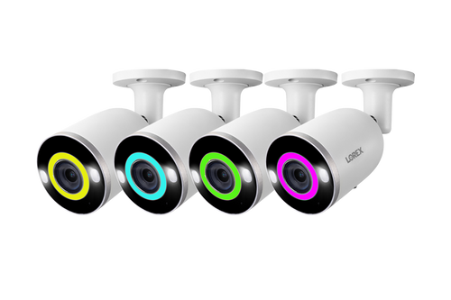 Cámara de seguridad tipo bala con cable IP PoE con inteligencia artificial inteligente Lorex E894AB 4K de 8,0 MP, con iluminación y disuasión, color blanco