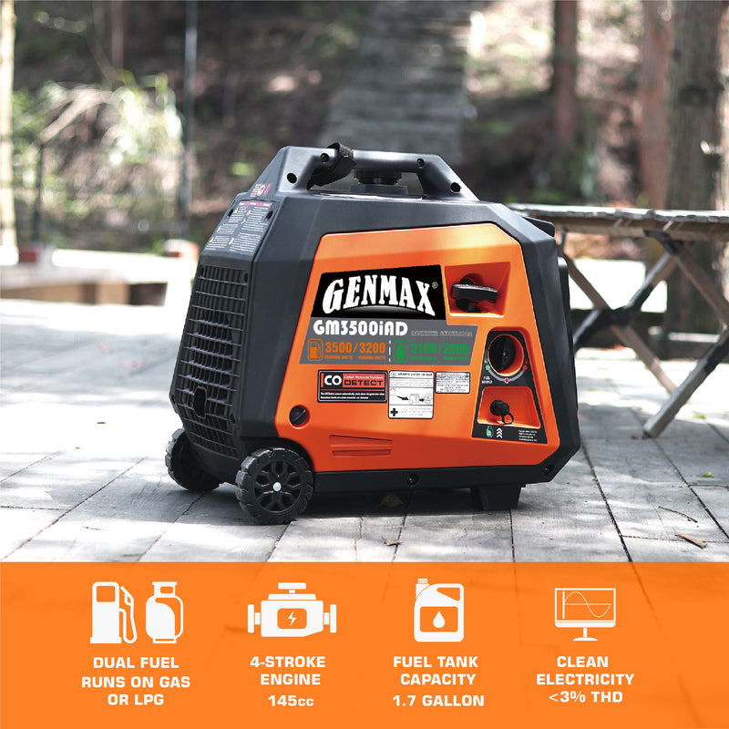 Genmax GM3500iAD Portable Inverter Generator, 3500W Super Quiet Gas or Propane Powered Engine with Parallel Capability
