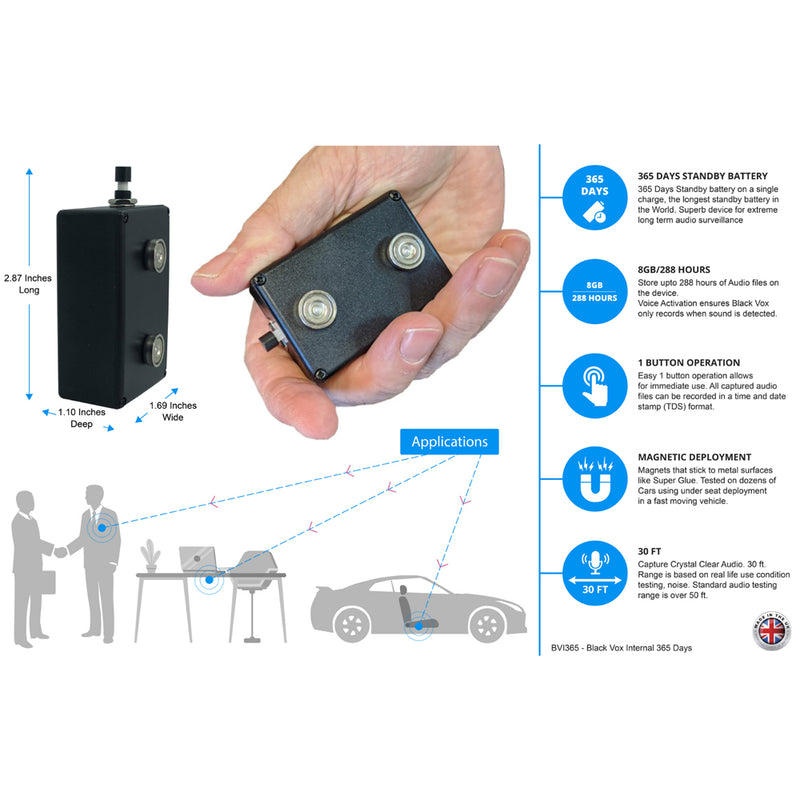 PBN - Grabadora de audio interna TEC Black Vox de 365 días y larga duración, 8 GB