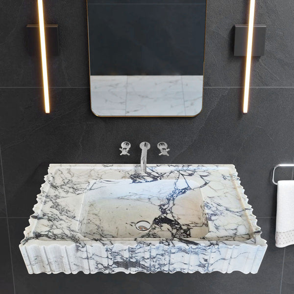Calacatta Viola Marble Wall-mount Bathroom Vanity Sink U form Fluted (W)18" (L)28" (H)6"