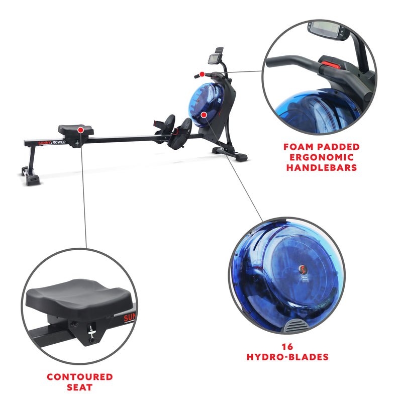 Máquina de remo con agua magnética inteligente Hydro + Dual Resistance de Sunny Health &amp; Fitness en color azul - SF-RW522017BLU