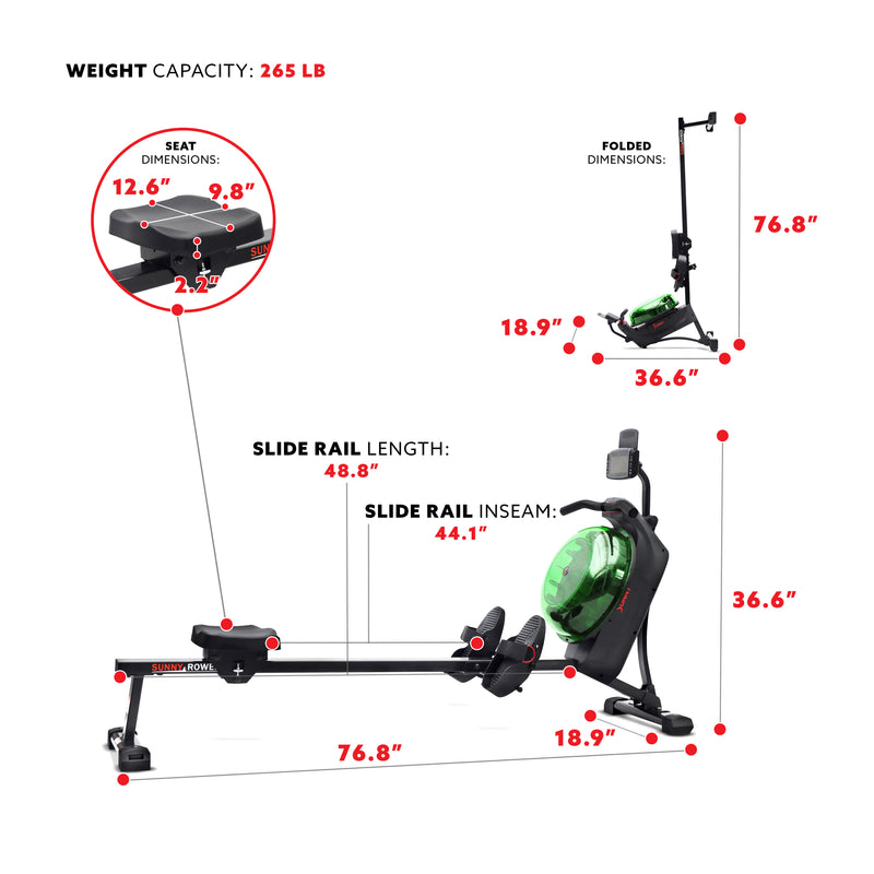 Sunny Health & Fitness Hydro + Dual Resistance Smart Magnetic Water Rowing Machine in Green- SF-RW522017GRN