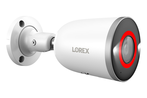 Cámara de seguridad tipo bala con cable IP PoE con inteligencia artificial inteligente Lorex E894AB 4K de 8,0 MP, con iluminación y disuasión, color blanco