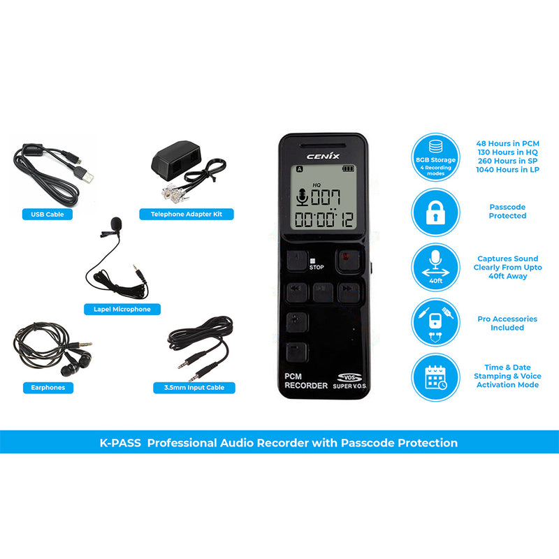 Grabadora de audio 1040HR protegida con contraseña PBN - TEC K-PASS-OTG