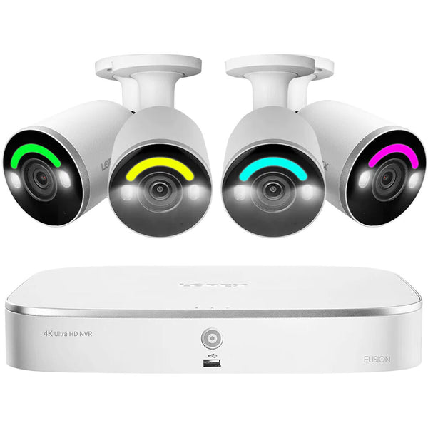 Sistema NVR con cable de 2 TB con capacidad para 16 cámaras Lorex N845A62-8AB4-E Fusion 4K UHD con cuatro cámaras tipo bala IP 4K para exteriores con iluminación de seguridad inteligente