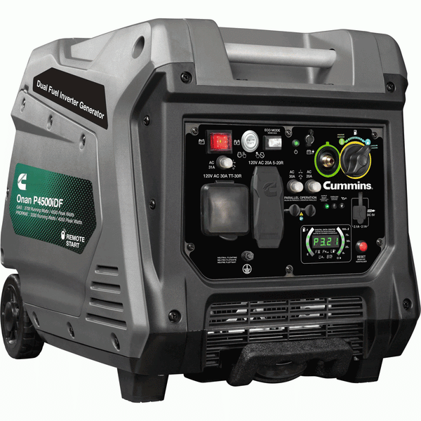 Generador portátil con inversor digital de combustible dual de 4500 vatios Cummins ONAN P4500IDF