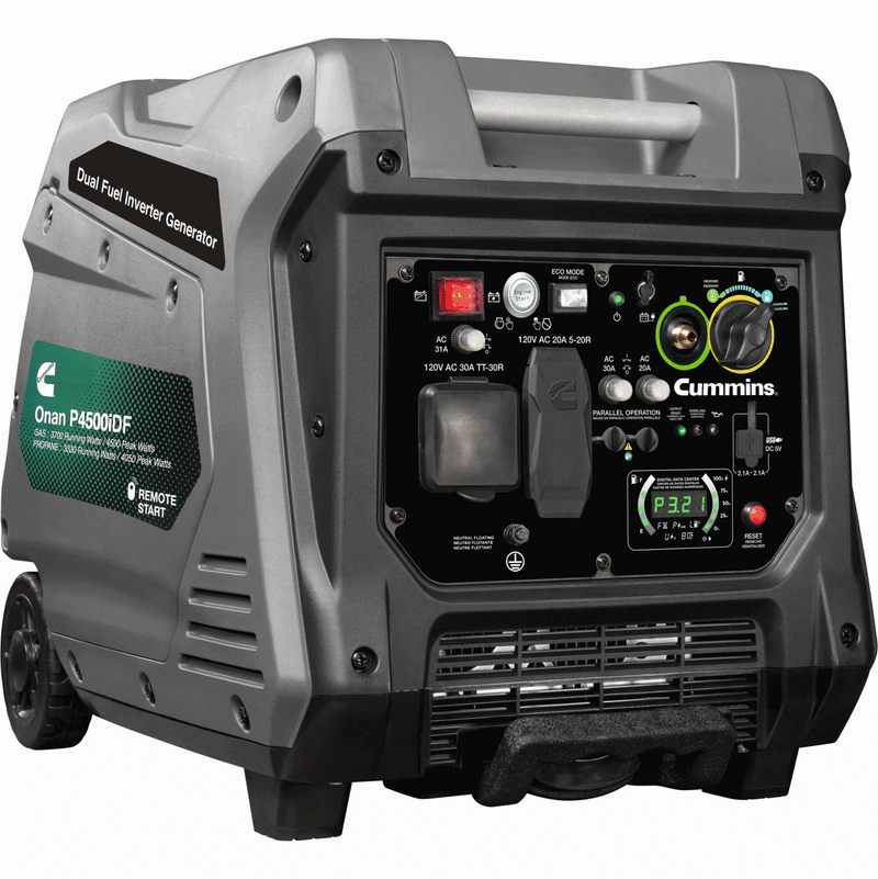 Generador portátil con inversor digital de combustible dual de 4500 vatios Cummins ONAN P4500IDF