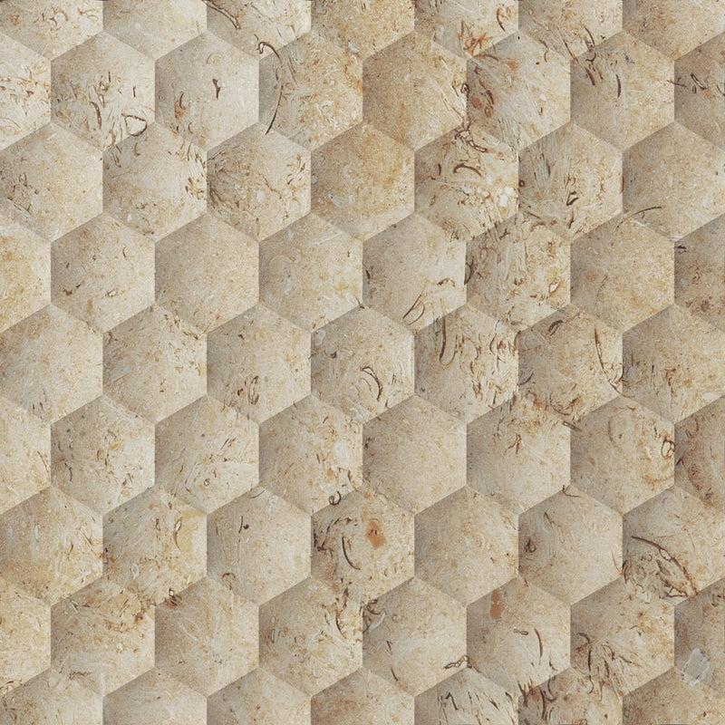 Seabed Limestone Field Dimensional Carved Stone HEXAGON Wall Tile - Livfloors Collection