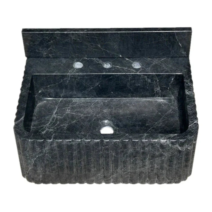 Sirius Black Marble Wall-mount Bathroom Sink Ribbed with 4" Backsplash (W)16" (L)20" (H)8"
