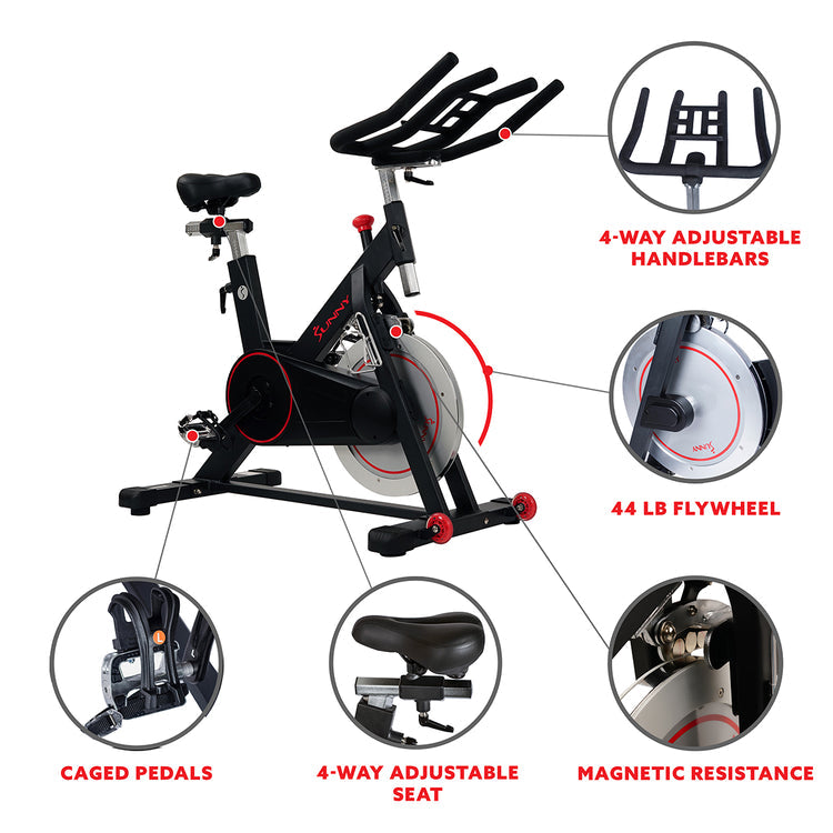 Bicicleta de ciclismo para interiores con transmisión por correa magnética Sunny Health &amp; Fitness, volante de inercia de 44 lb y soporte grande para dispositivos - SF-B1805