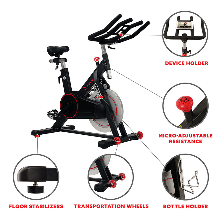 Bicicleta de ciclismo para interiores con transmisión por correa magnética Sunny Health &amp; Fitness, volante de inercia de 44 lb y soporte grande para dispositivos - SF-B1805