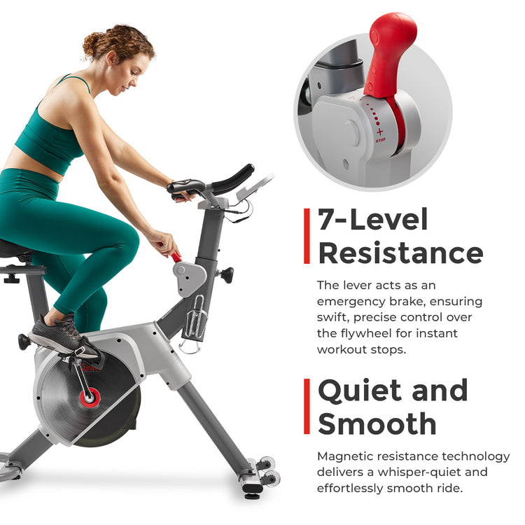 Sunny Health & Fitness Prime Magnetic Belt Drive Indoor Cycling Bike with Two Stage Transmission, Emergency Lever, and Exclusive SunnyFit App Bluetooth Connectivity - SF-B122061