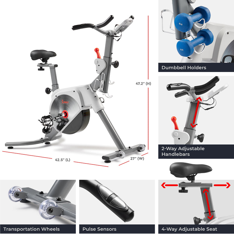 Sunny Health & Fitness Prime Magnetic Belt Drive Indoor Cycling Bike with Two Stage Transmission, Emergency Lever, and Exclusive SunnyFit App Bluetooth Connectivity - SF-B122061