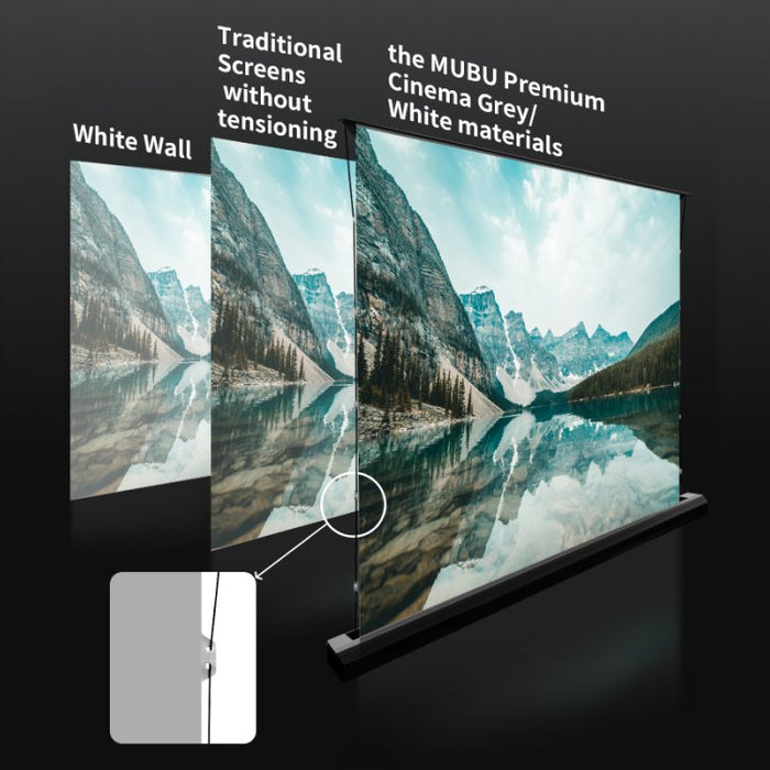 the MUBU Sunrise Rollable Motorized Floor Rising Projector Screen