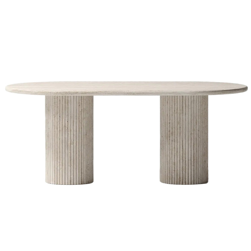 Troia Light Travertine Oval Dining Table with Fluted Round Legs