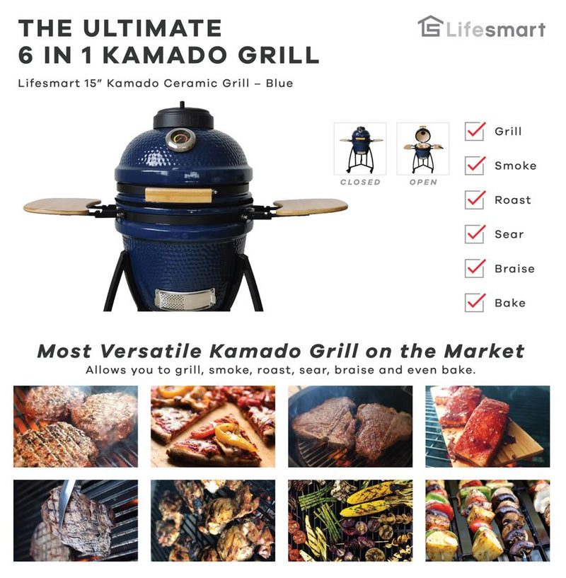 Lifesmart 15 in. Kamado Charcoal Outdoor Pizza Oven with Pizza