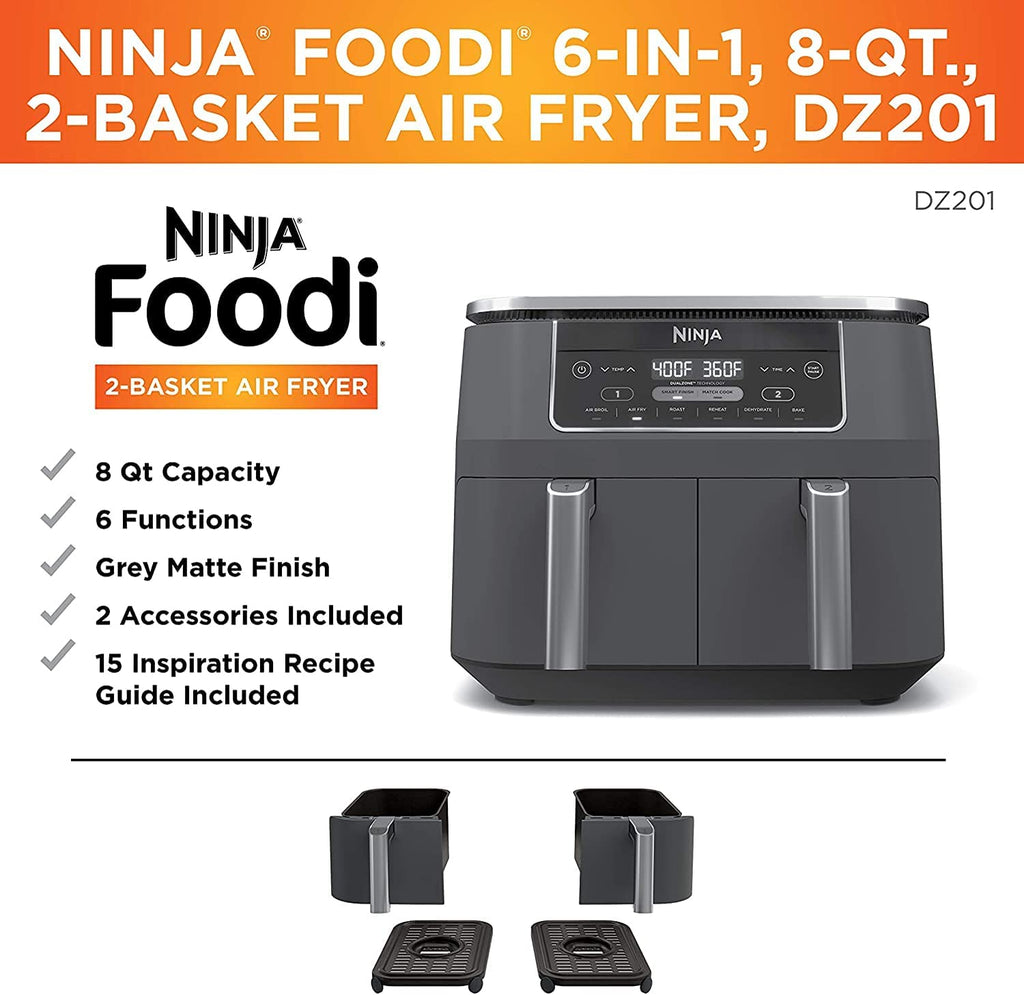 Ninja - Foodi 6-in-1 8-qt. 2-Basket Air Fryer with DualZone Technology -  Dark Grey HA:NNJAAFDZ201 Ninja ALLDAYZIP