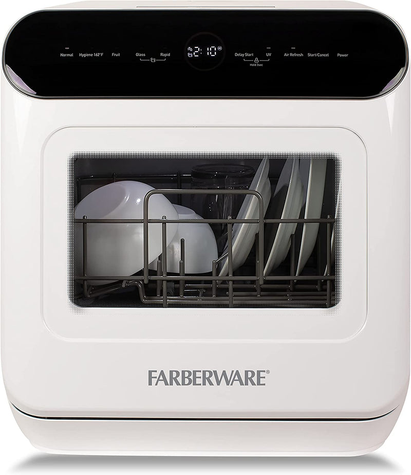 Farberware FCDMGDWH Complete Portable Countertop Dishwasher with UV Light 2 Place Settings, 5 Wash Programs, Glass Door, White