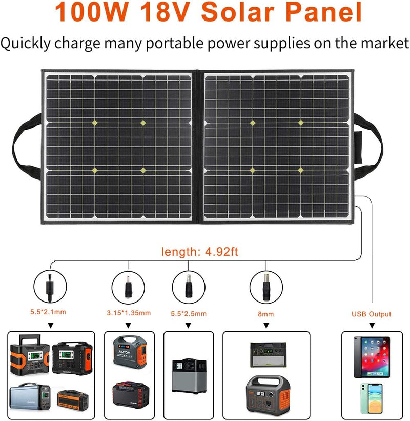 Panel solar portátil Flashfish de 100 W y 18 V con puerto USB de 5 V