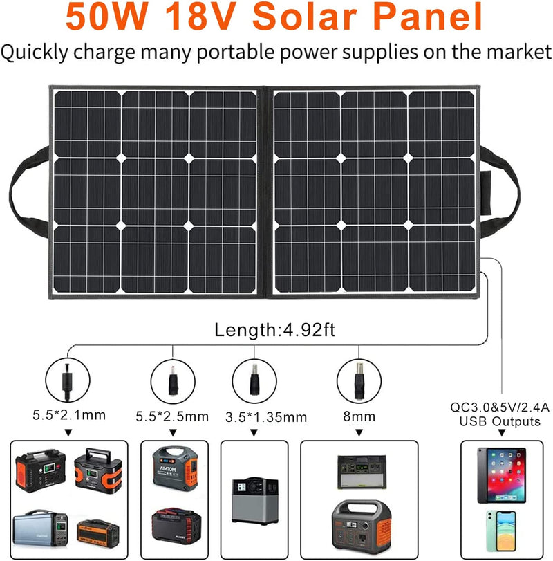 Panel solar portátil Flashfish de 50 W y 18 V con salida USB de 5 V y 18 V CC