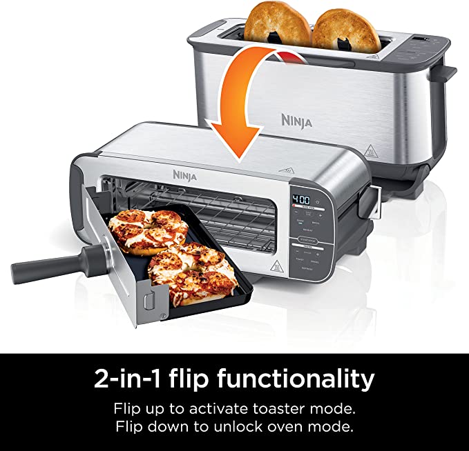 Ninja ST101 Foodi 2-in-1 Flip Toaster, 2-Slice Capacity, Compact Toaster Oven, 1500 Watts