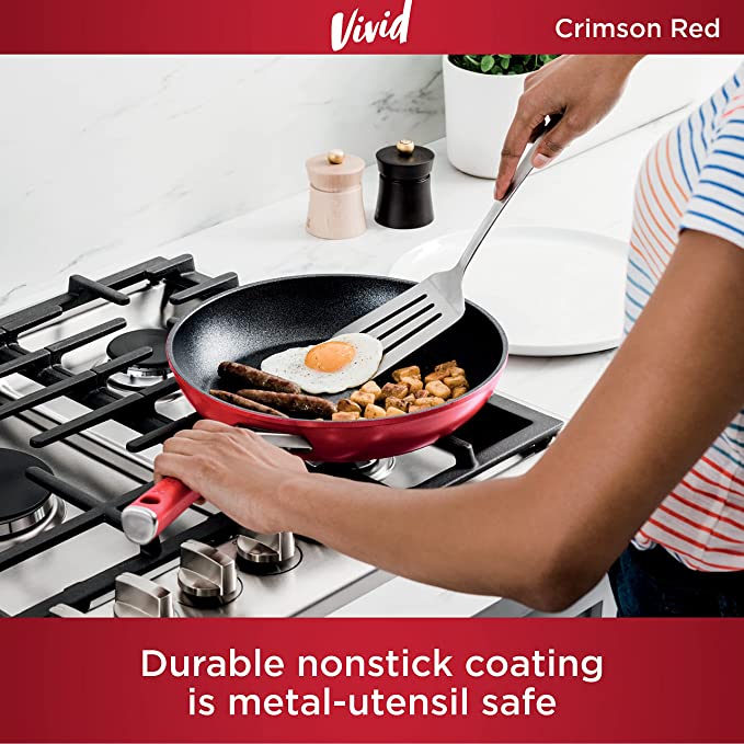 Ninja Foodi C28000 NeverStick Vivid 8-Piece Cookware Set, guaranteed to never stick, nonstick, oven safe to 400°F, durable, crimson red