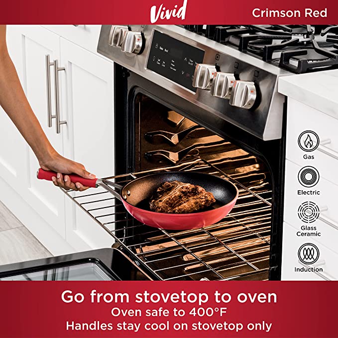 Ninja Foodi C28000 NeverStick Vivid 8-Piece Cookware Set, guaranteed to never stick, nonstick, oven safe to 400°F, durable, crimson red