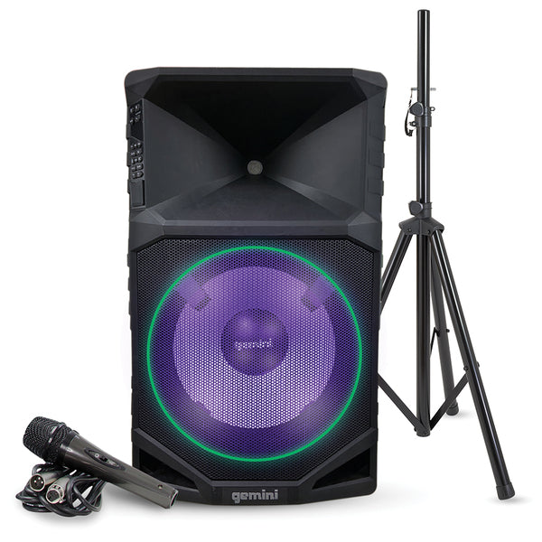Gemini GSW-T1500PK 15-Inch Portable Water-Resistant Wireless Bluetooth Party System with Speaker Stand and Microphone