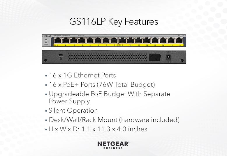Netgear 16-port Gigabit Ethernet Unmanaged FlexPoE PoE+ Switch with 16 PoE+ Ports (76W)