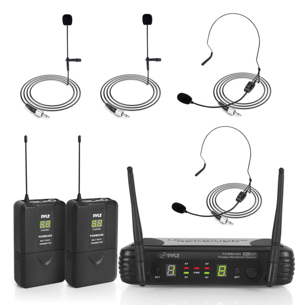 Pyle PDWM3400 Premier Series Professional UHF Wireless Microphone System with 2 Body Packa, 2 Lavaliera, and 2 Headsets