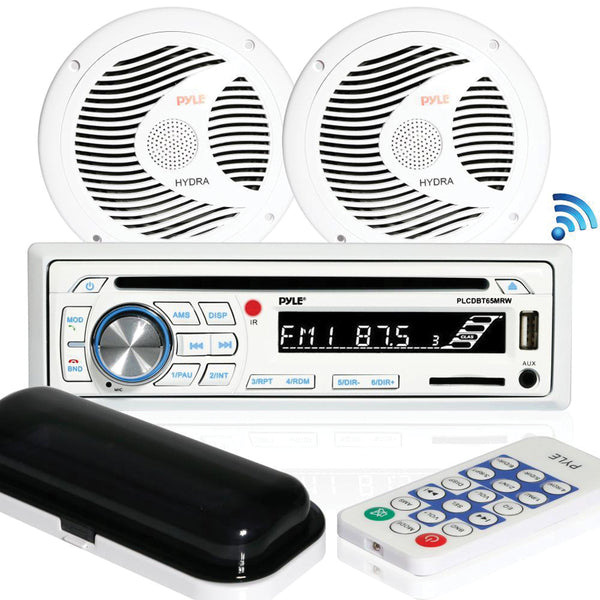 Pyle PLCDBT65MRW Marine Single-DIN In-Dash CD AM/FM Receiver with Two 6.5" Speakers, Splashproof Radio Cover & Bluetooth (White)