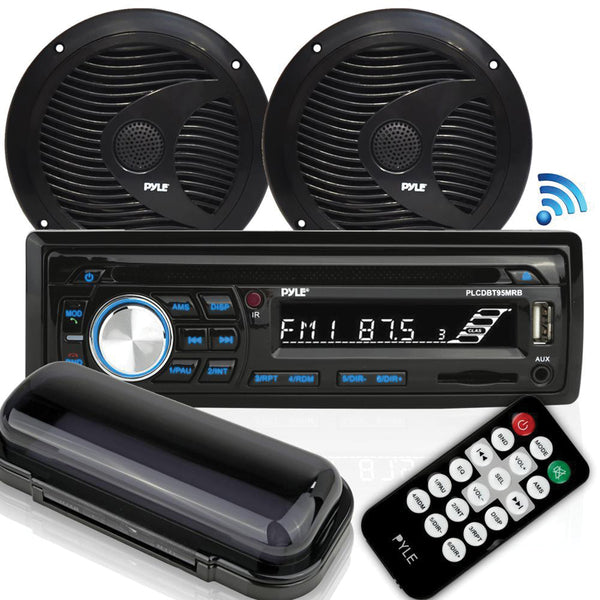 Pyle PLCDBT75MRB Marine Single-DIN In-Dash CD AM/FM Receiver with Two 6.5" Speakers, Splashproof Radio Cover & Bluetooth (Black)