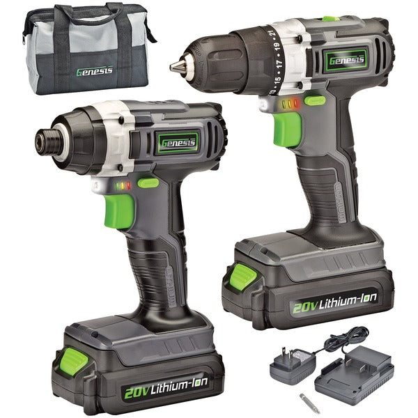 Genesis 20-Volt Cordless Li-Ion 2-Speed Drill/Impact Driver Combo Kit | Free Shipping | Wellbots