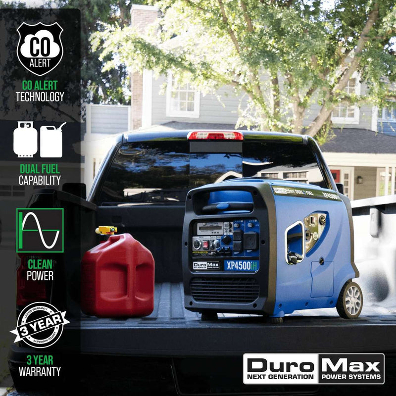 DuroMax XP4500iH 4,500 Peak Watt Dual Fuel Inverter Generator With Carbon Monoxide Detectors + UBS Ports (Grade A Refurbished)